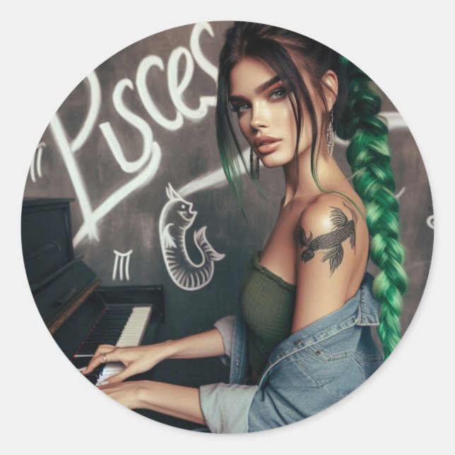 Pisces Zodiac Musician Piano Classic Round Sticker (Front)