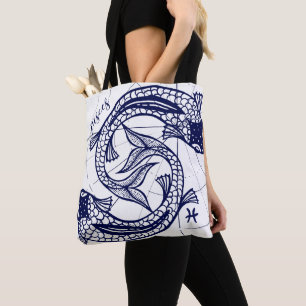 Pisces Zodiac Navy & Gold Monochrome Graphic Tote Bag