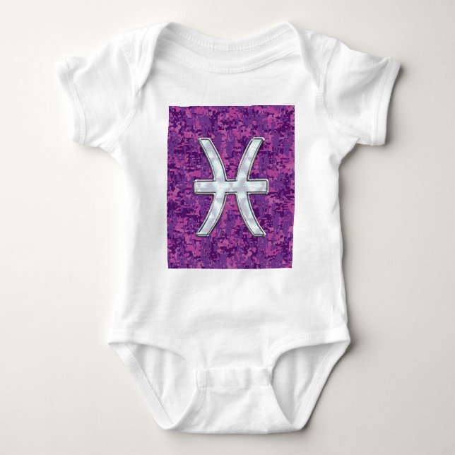 Pisces Zodiac on Fuchsia Pink Digital Camouflage Baby Bodysuit (Front)