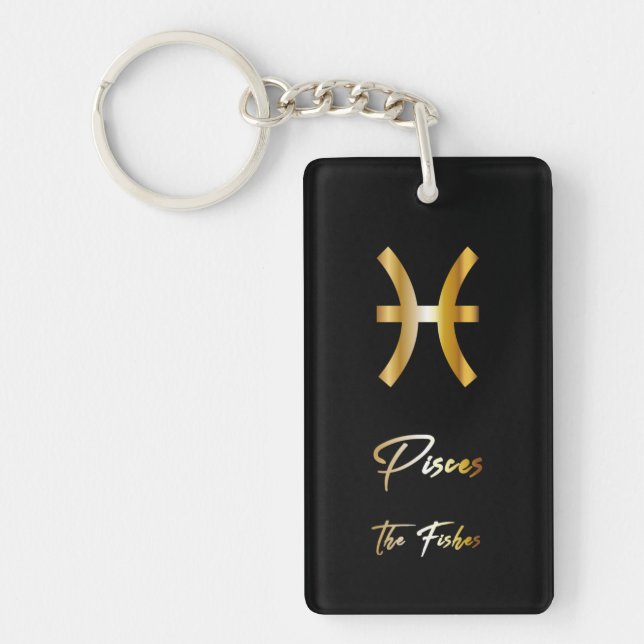 Pisces Zodiac Sign, Black & Gold Keychain (Front)