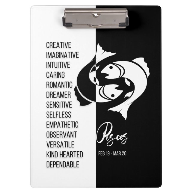 Pisces Zodiac Sign Black & White Clipboard (Front)