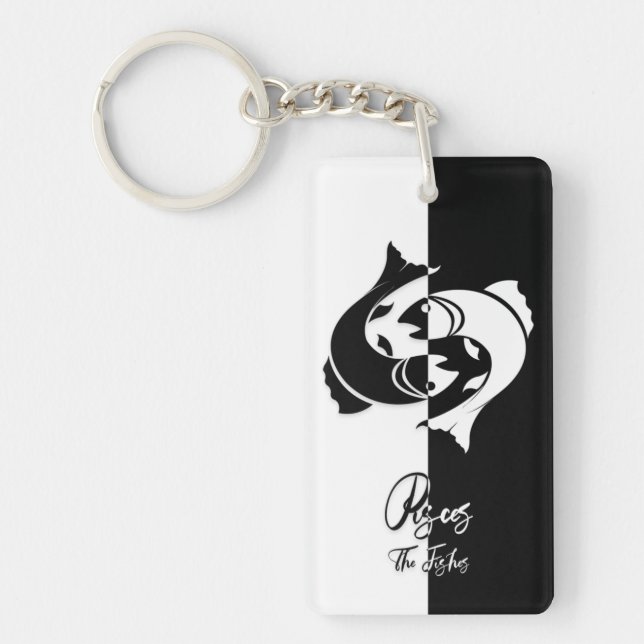 Pisces Zodiac Sign, Black & White Keychain (Front)