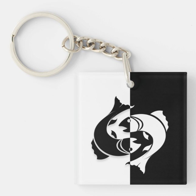 Pisces Zodiac Sign, Black & White Keychain (Front)