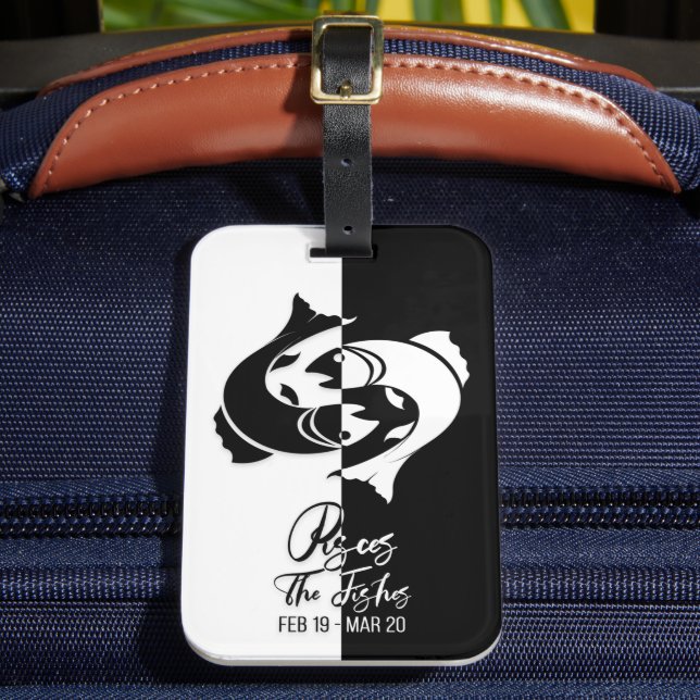 Pisces Zodiac Sign Black & White Luggage Tag (Front Insitu 2)