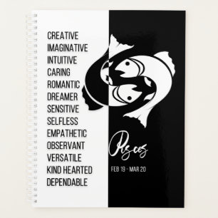 Pisces Zodiac Sign, Black & White Planner