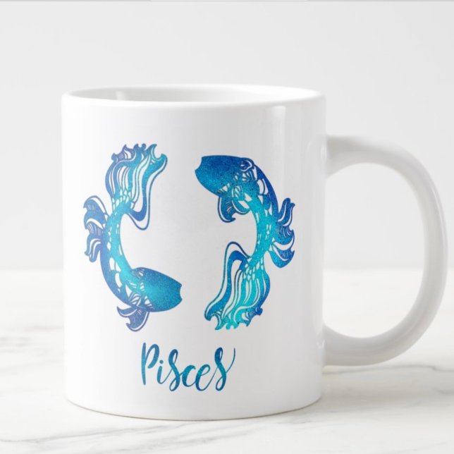 Pisces zodiac sign bright light blue glitter fish large coffee mug (Creator Uploaded)
