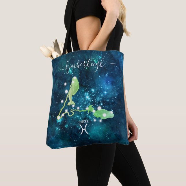 Pisces Zodiac Sign Cosmic Monogram Name Teal Blue Tote Bag (Close Up)