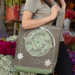 Pisces Zodiac Sign Green and Grey Mandala Tote Bag