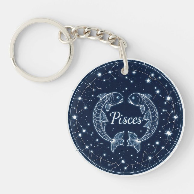 Pisces Zodiac Sign Illustrated with Fish Key Ring (Front)