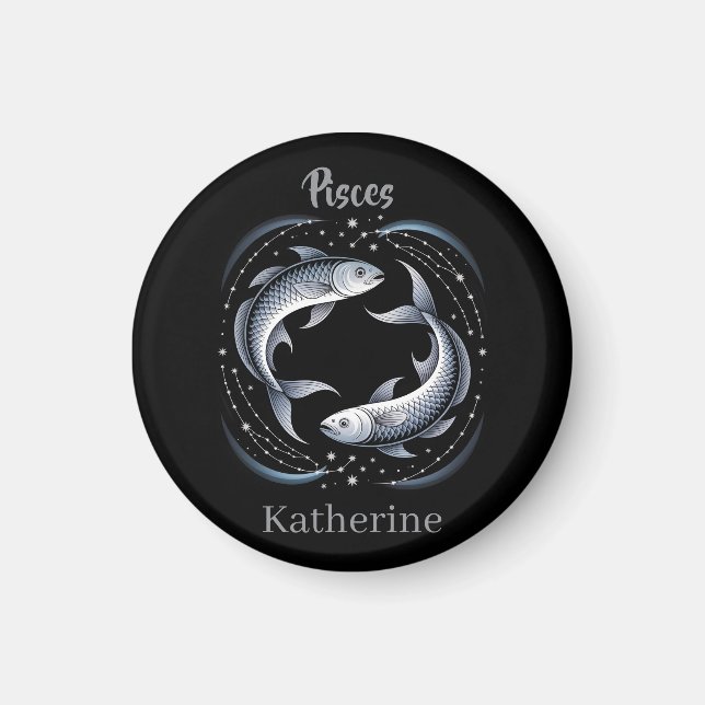Pisces Zodiac Sign Illustration with Custom Name Magnet (Front)