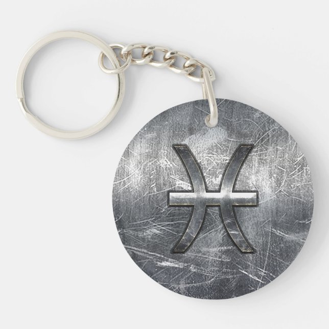 Pisces Zodiac Sign in grunge steel style decor Key Ring (Front)
