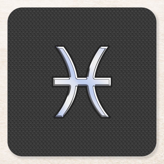 Pisces Zodiac Sign on Black Snake Skin Decor Square Paper Coaster (Front)