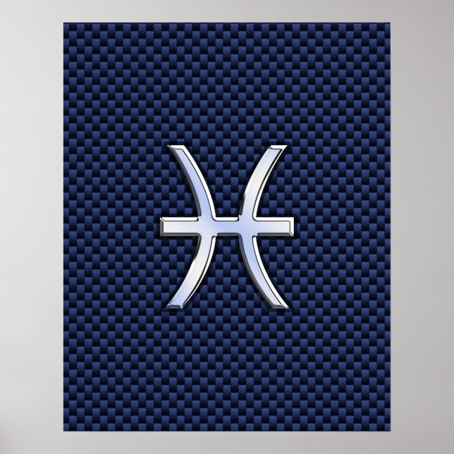 Pisces Zodiac Sign on Blue Carbon Fibre Print (Front)