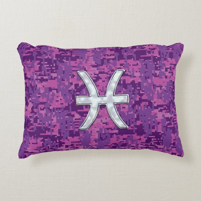 Pisces Zodiac Sign on Fuchsia Digital Camo Decorative Cushion (Front)