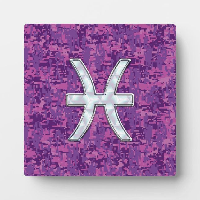 Pisces Zodiac Sign on Fuchsia Digital Camo Plaque (Front)