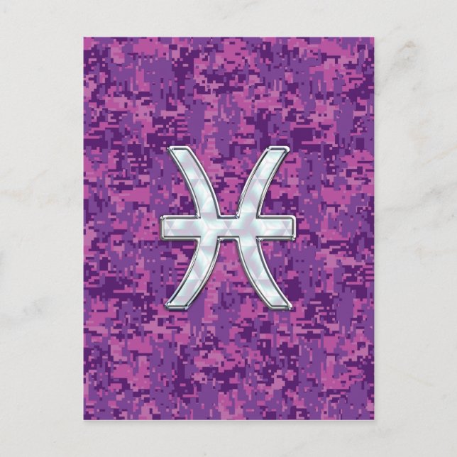 Pisces Zodiac Sign on Fuchsia Digital Camo Postcard (Front)
