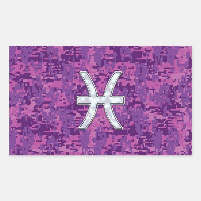 Pisces Zodiac Sign on Fuchsia Digital Camo Rectangular Sticker (Front)