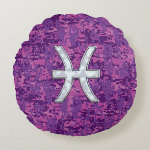 Pisces Zodiac Sign on Fuchsia Digital Camo Round Cushion