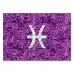 Pisces Zodiac Sign on Fuchsia Digital Camo Table Number