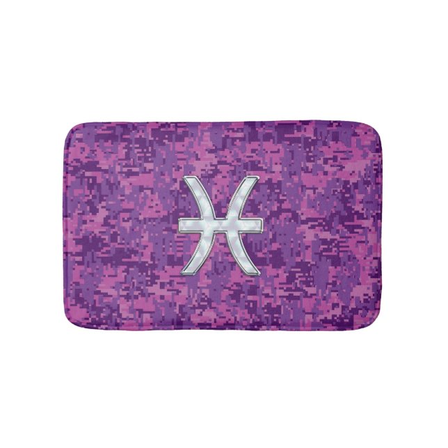 Pisces Zodiac Sign on Fuchsia Pink Digital Camo Bath Mat (Front)