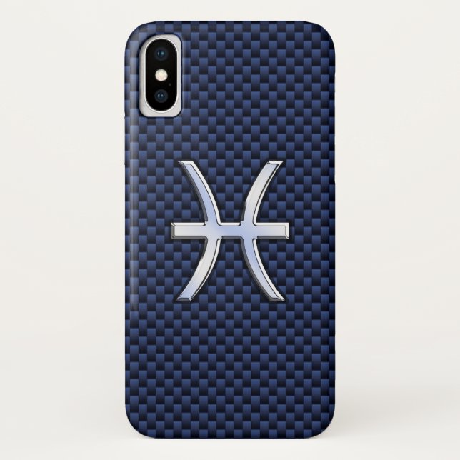 Pisces Zodiac Sign on Navy Blue Carbon Fibre Print Case-Mate iPhone Case (Back)
