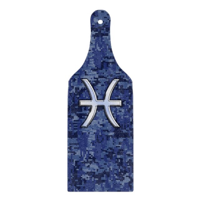 Pisces Zodiac Sign on Navy Blue Digital Camouflage Cutting Board (Front)