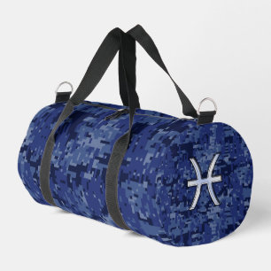 Pisces Zodiac Sign on Navy Blue Digital Camouflage Duffle Bag