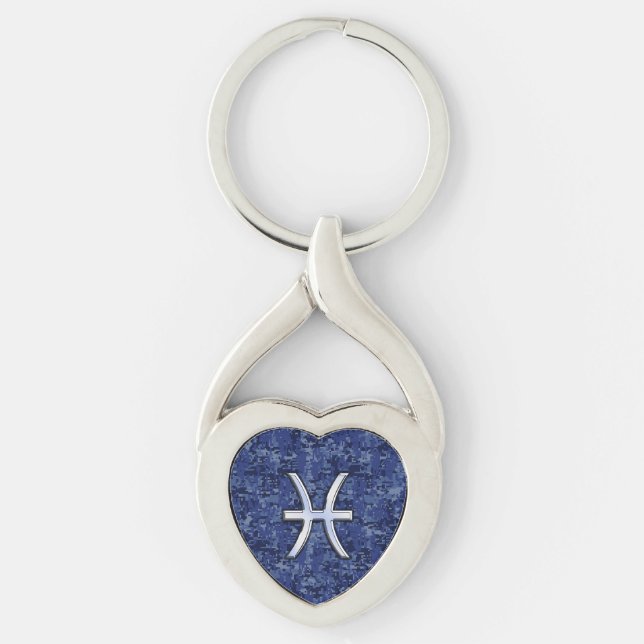 Pisces Zodiac Sign on Navy Blue Digital Camouflage Key Ring (Front)