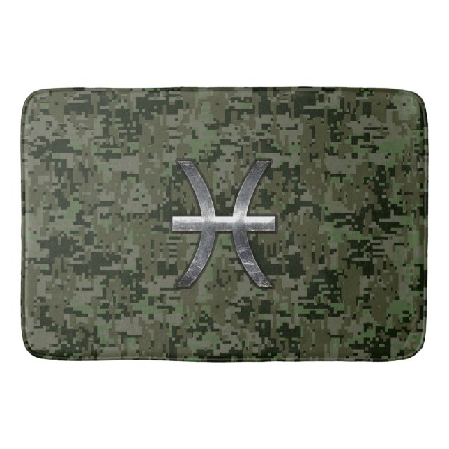 Pisces Zodiac Sign on Woodland Digital Camo Bath Mat (Front)