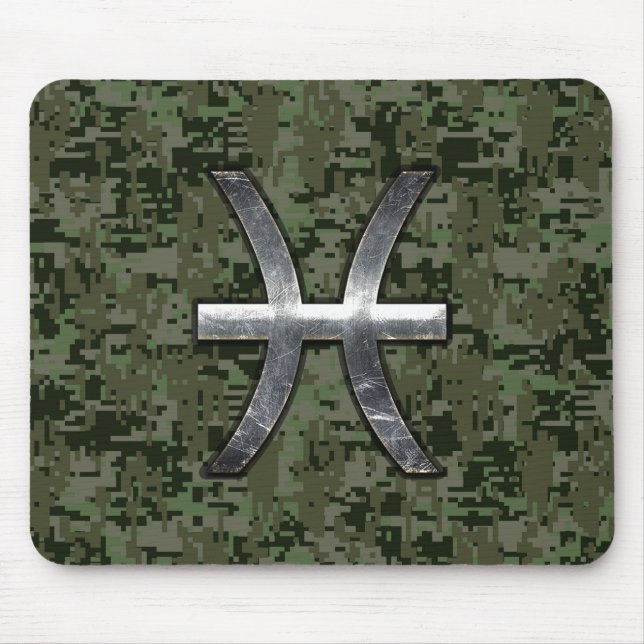 Pisces Zodiac Sign on Woodland Digital Camo Decor Mouse Pad (Front)