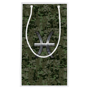Pisces Zodiac Sign on Woodland Digital Camo Decor Small Gift Bag