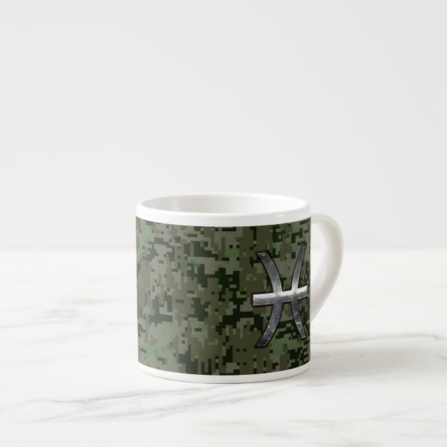 Pisces Zodiac Sign on Woodland Green Digital Camo Espresso Cup (Front Right)
