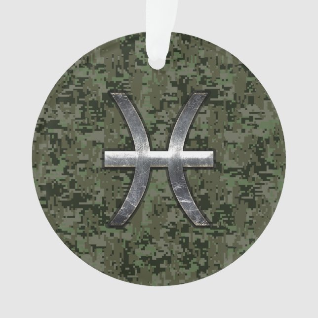 Pisces Zodiac Sign on Woodland Green Digital Camo Ornament (Front)