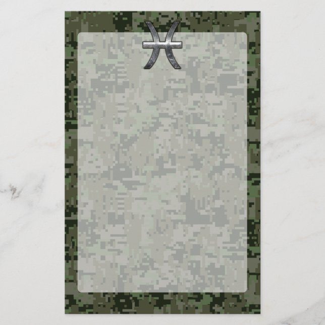 Pisces Zodiac Sign on Woodland Green Digital Camo Stationery (Front)