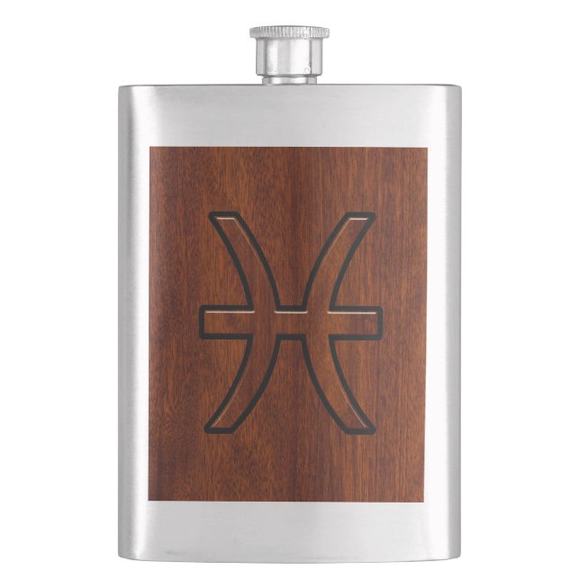 Pisces Zodiac Sign Rich Mahogany wood grain style Hip Flask (Front)