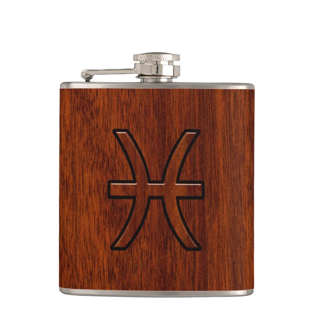 Pisces Zodiac Sign Rich Mahogany wood grain style Hip Flask (Front)