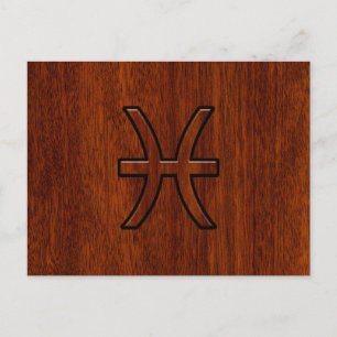 Pisces Zodiac Sign Rich Mahogany wood grain style Postcard