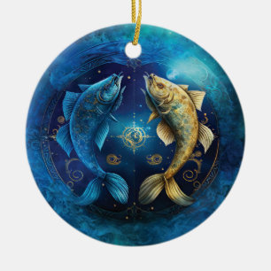 Pisces Zodiac Sign Watercolor Design Ceramic Tree Decoration