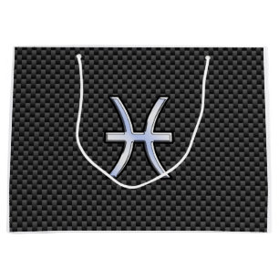 Pisces Zodiac Silver Symbol Carbon Fibre Style Large Gift Bag