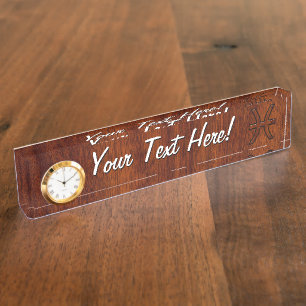 Pisces Zodiac Symbol in Mahogany wood grain style Nameplate