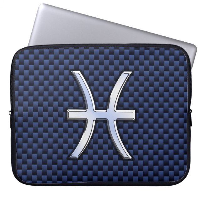 Pisces Zodiac Symbol Navy Blue Carbon Fibre Print Laptop Sleeve (Front)