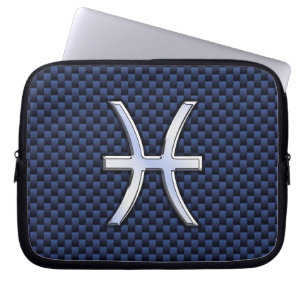 Pisces Zodiac Symbol Navy Blue Carbon Fibre Print Laptop Sleeve