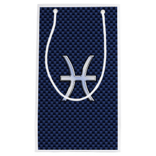 Pisces Zodiac Symbol Navy Blue Carbon Fibre Print Small Gift Bag