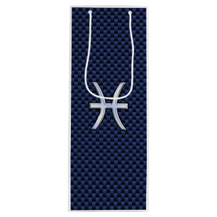 Pisces Zodiac Symbol Navy Blue Carbon Fibre Print Wine Gift Bag