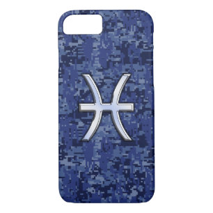 Pisces Zodiac Symbol Navy Blue Digital Camouflage Case-Mate iPhone Case