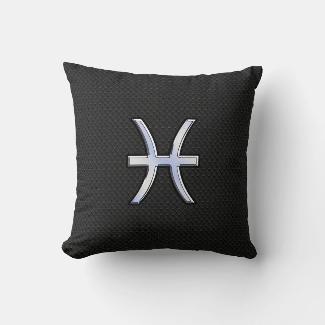 Pisces Zodiac Symbol on Black Snake Skin Decor Cushion (Front)