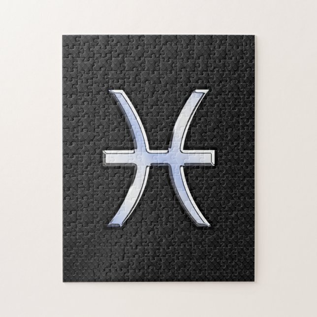 Pisces Zodiac Symbol on Black Snake Skin Style Jigsaw Puzzle (Vertical)