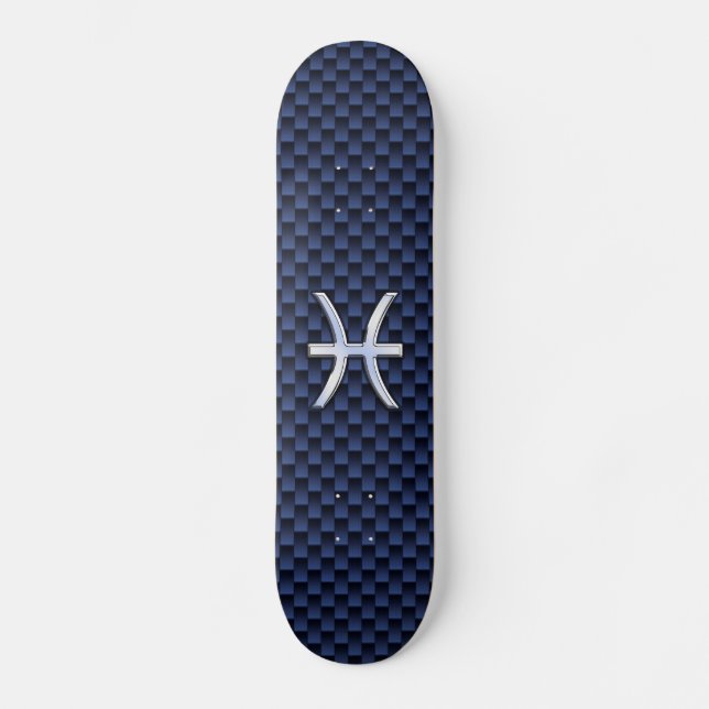 Pisces Zodiac Symbol on Blue Carbon Fibre Print Skateboard (Front)