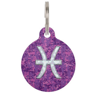 Pisces Zodiac Symbol on Fuchsia Digital Camo Pet Tag