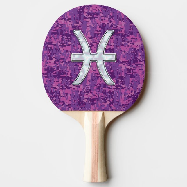 Pisces Zodiac Symbol on Fuchsia Digital Camo Ping Pong Paddle (Back)